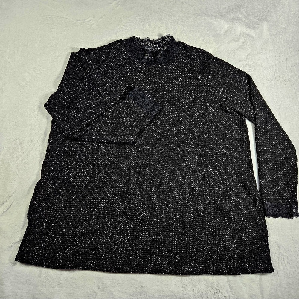 LOGO Lori Goldstein Black Metallic Knit Lace Mock Neck Top Plus 1X Shimmer